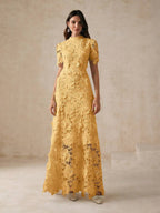 Anewsta Vestido Curto Elegante e Ajustado Feminino com Manga Curta, Cintura Marcada e Renda Solúvel em Água, Vestido Longo Feminino