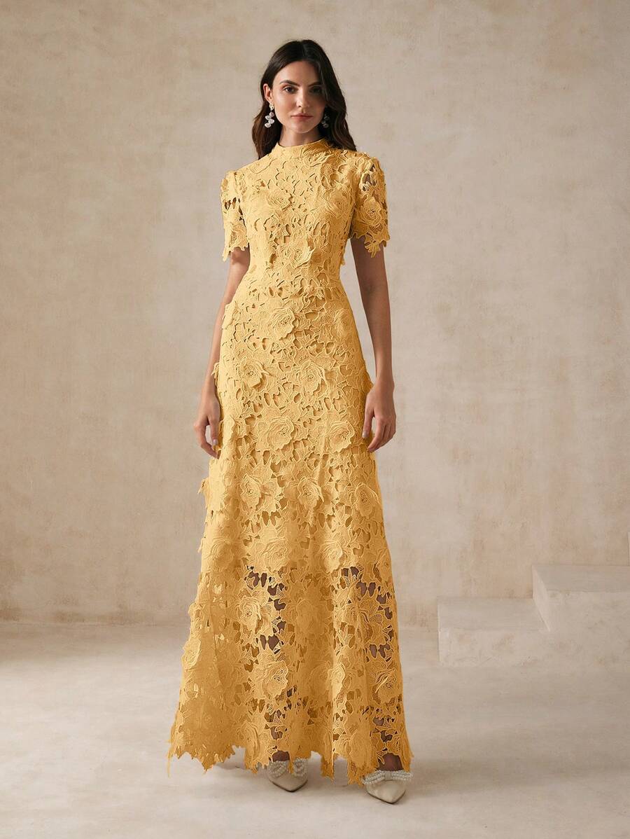 Anewsta Vestido Curto Elegante e Ajustado Feminino com Manga Curta, Cintura Marcada e Renda Solúvel em Água, Vestido Longo Feminino