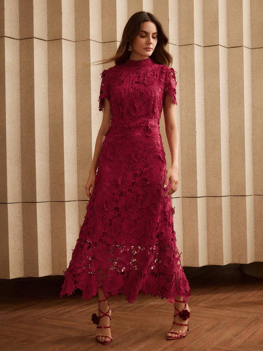 Anewsta Vestido Mini Justo com Renda para Mulheres Vestido Longo Bordô Conjunto Mulheres