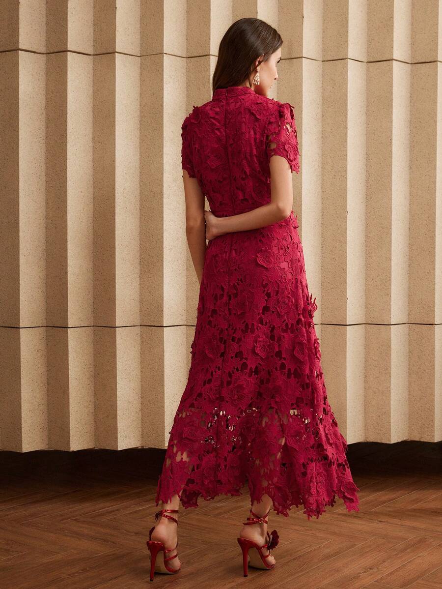 Anewsta Vestido Curto com Recorte em Renda de Manga Curta para Mulheres, Roupa Feminina Maxi