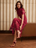 Anewsta Vestido Curto Elegante e Ajustado Feminino com Manga Curta, Cintura Marcada e Renda Solúvel em Água, Vestido Longo Feminino