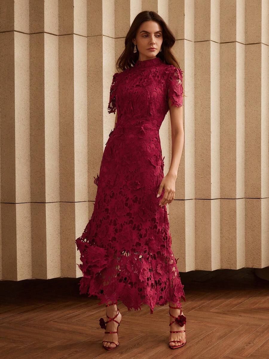 Anewsta Vestido Mini Justo com Renda para Mulheres Vestido Longo Bordô Conjunto Mulheres