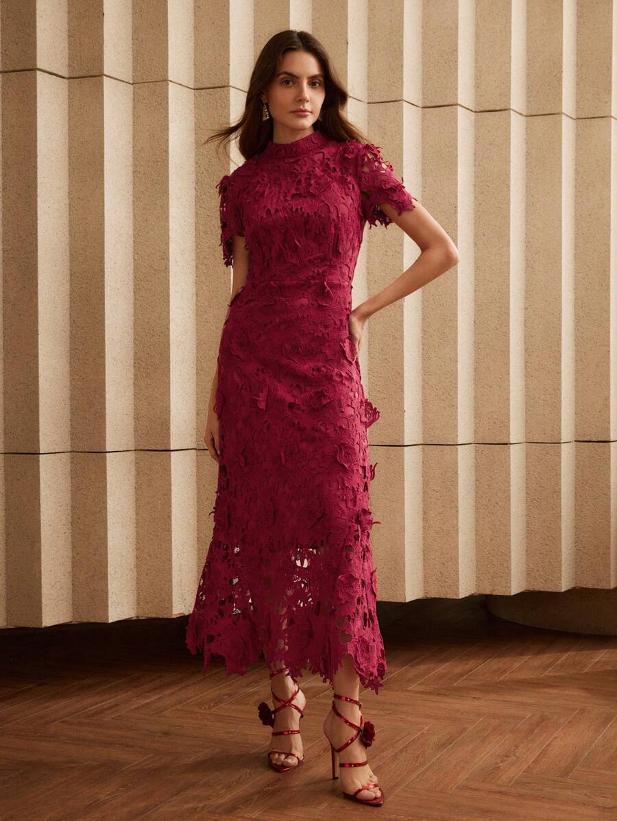 Anewsta Vestido Curto Elegante e Ajustado Feminino com Manga Curta, Cintura Marcada e Renda Solúvel em Água, Vestido Longo Feminino