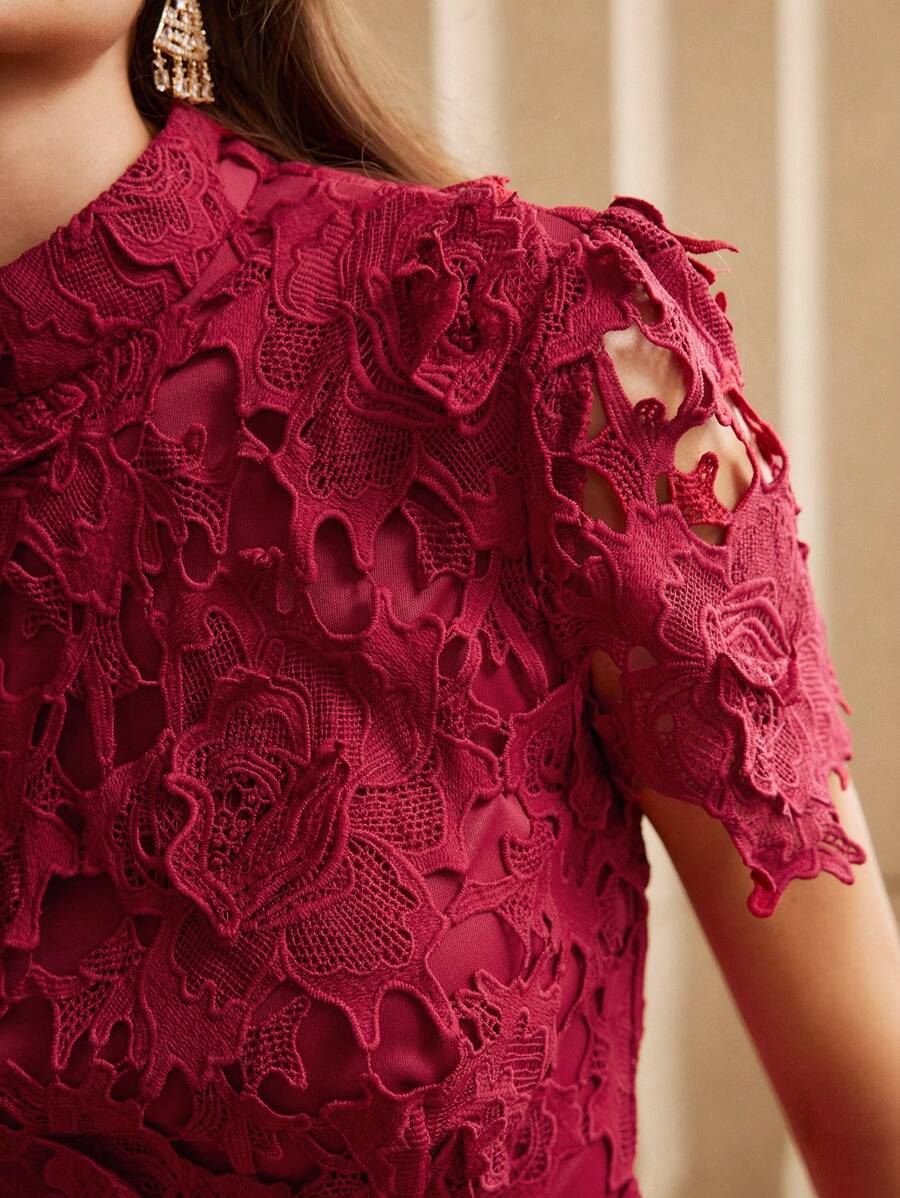 Anewsta Vestido Mini Justo com Renda para Mulheres Vestido Longo Bordô Conjunto Mulheres