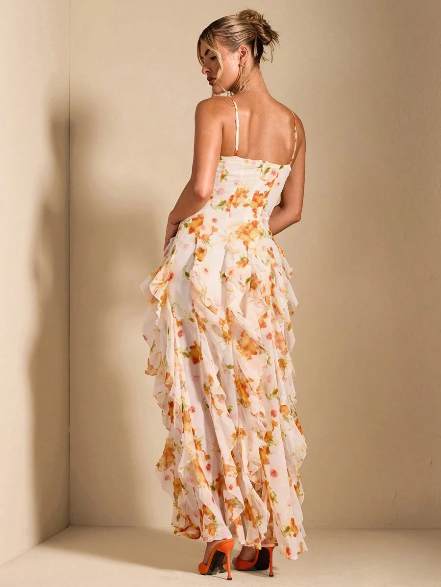 Vestido Maxi Floral com Costas Nuas e Bainha Fenda