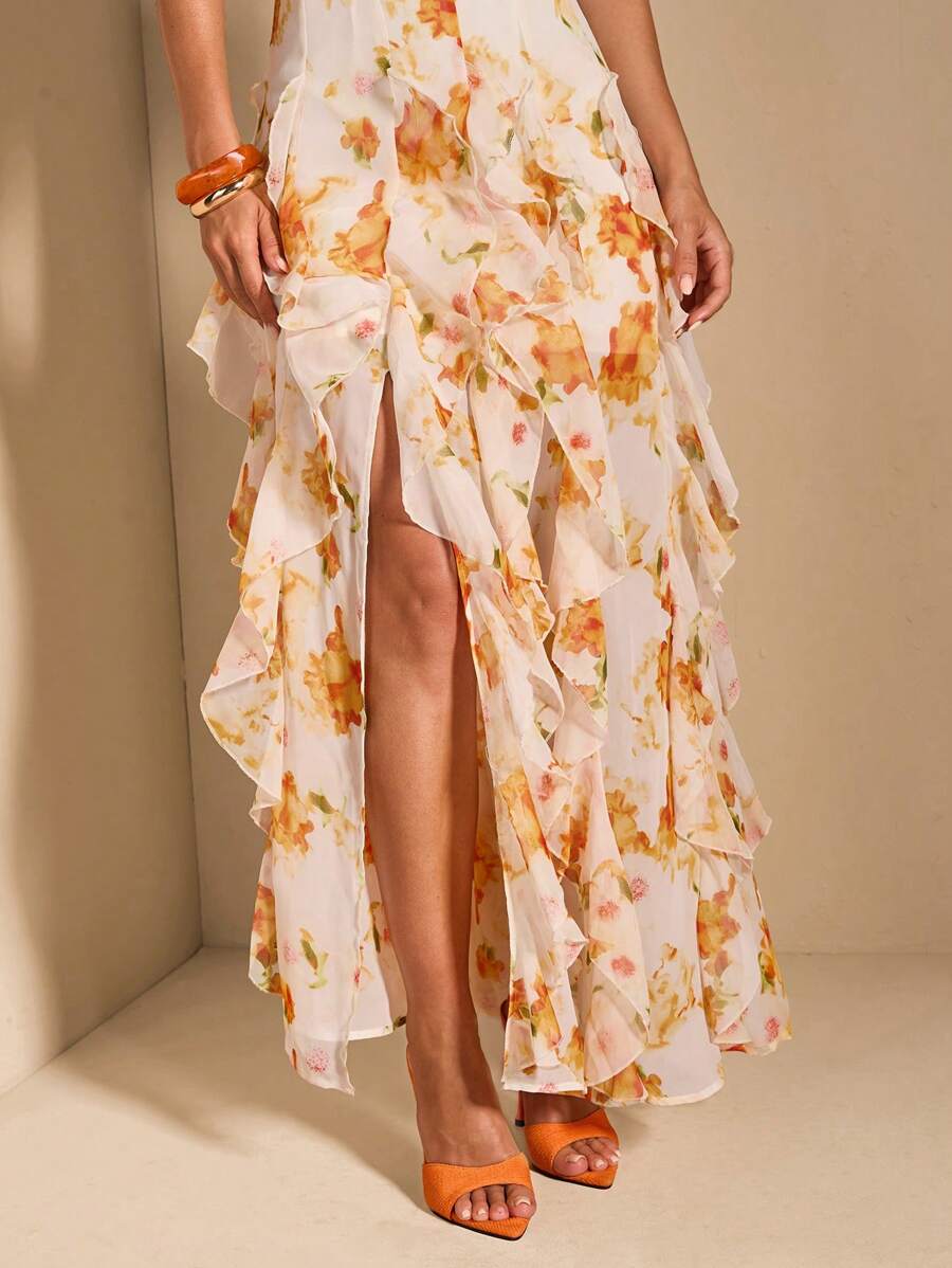 Vestido Maxi Floral com Costas Nuas e Bainha Fenda