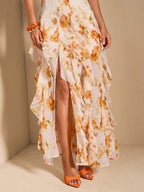 Vestido Maxi Floral com Costas Nuas e Bainha Fenda
