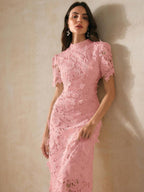 Anewsta Vestido Curto Elegante e Ajustado Feminino com Manga Curta, Cintura Marcada e Renda Solúvel em Água, Vestido Longo Feminino