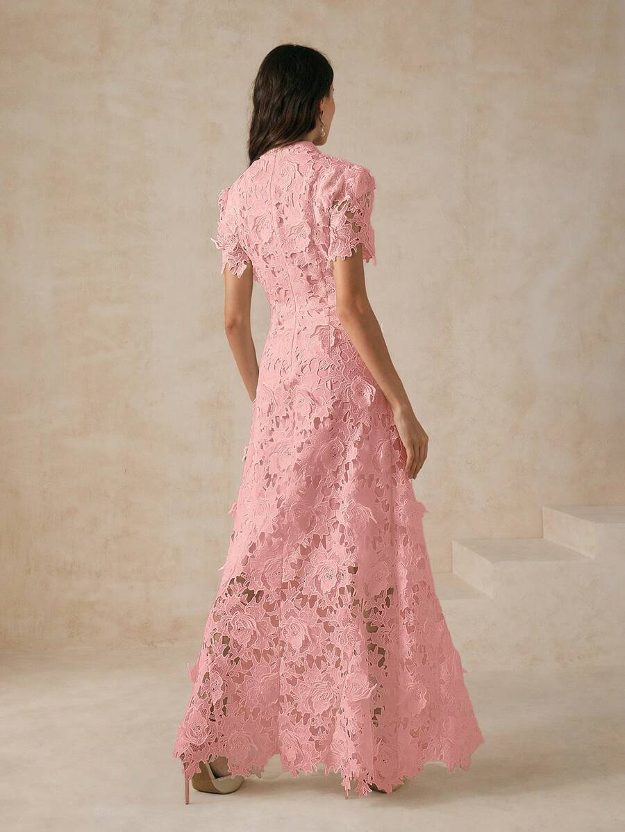 Anewsta Vestido Curto Elegante e Ajustado Feminino com Manga Curta, Cintura Marcada e Renda Solúvel em Água, Vestido Longo Feminino