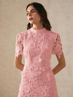 Anewsta Vestido Curto Elegante e Ajustado Feminino com Manga Curta, Cintura Marcada e Renda Solúvel em Água, Vestido Longo Feminino