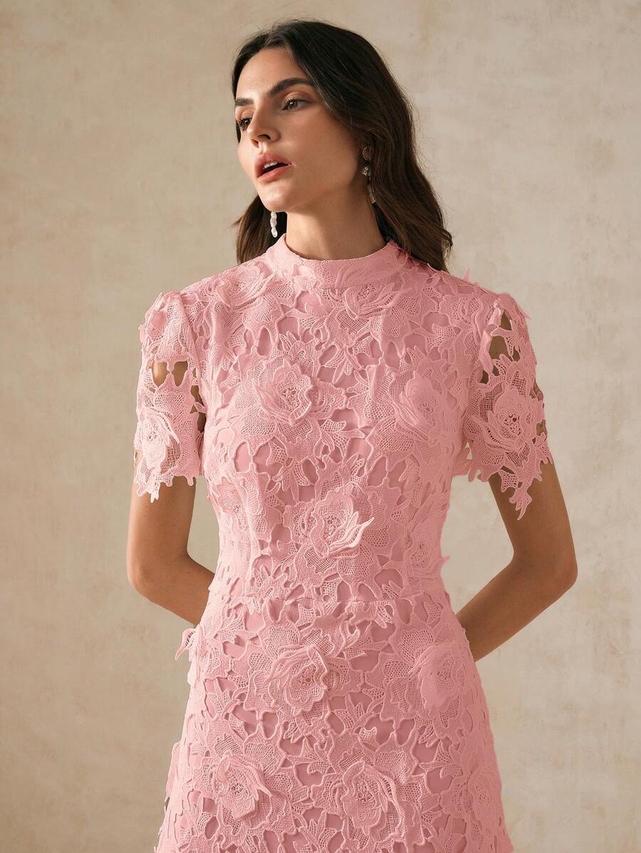 Anewsta Vestido Curto Elegante e Ajustado Feminino com Manga Curta, Cintura Marcada e Renda Solúvel em Água, Vestido Longo Feminino