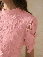 Anewsta Vestido Curto Elegante e Ajustado Feminino com Manga Curta, Cintura Marcada e Renda Solúvel em Água, Vestido Longo Feminino