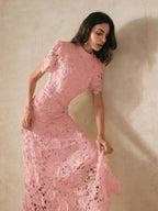 Anewsta Vestido Curto com Recorte em Renda de Manga Curta para Mulheres, Roupa Feminina Maxi