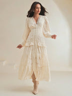 Anewsta Vestido Longo Elegante Feminino com Decote em V, Mangas Bufantes e Cintura Marcada