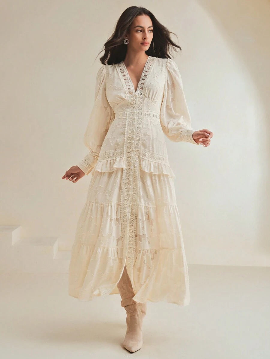 Vestido Longo Francês com Decote em V e Manga Bufante