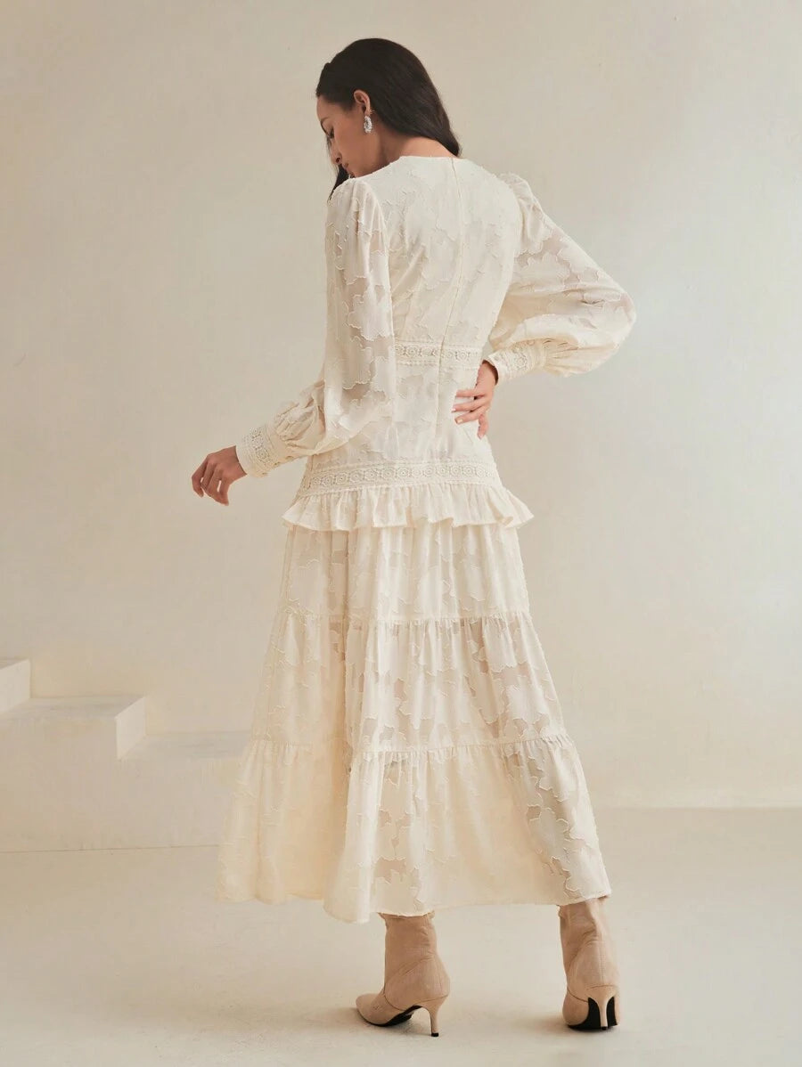 Anewsta Vestido Longo Elegante Feminino com Decote em V, Mangas Bufantes e Cintura Marcada