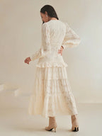 Anewsta Vestido Longo Elegante Feminino com Decote em V, Mangas Bufantes e Cintura Marcada