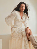 Anewsta Vestido Longo Elegante Feminino com Decote em V, Mangas Bufantes e Cintura Marcada