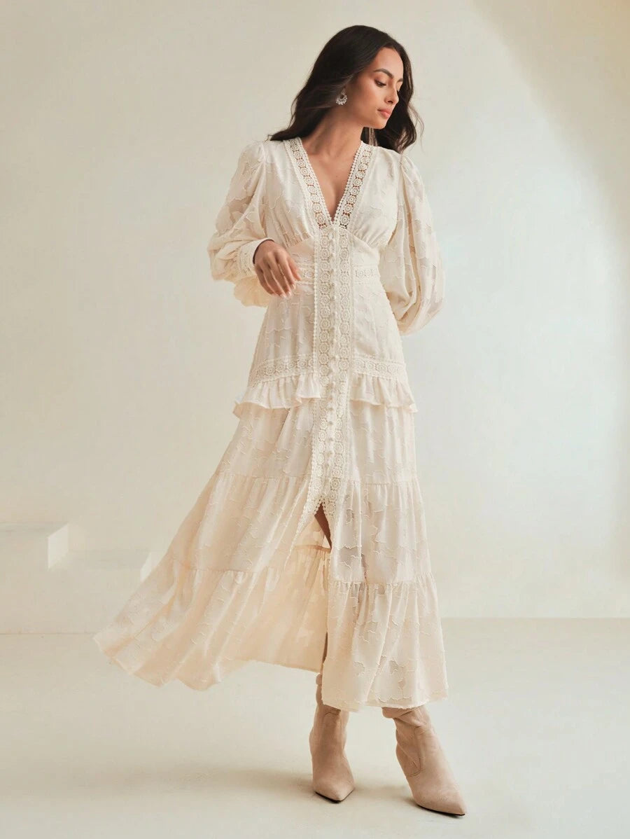 Vestido Longo Francês com Decote em V e Manga Bufante
