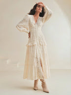 Anewsta Vestido Longo Elegante Feminino com Decote em V, Mangas Bufantes e Cintura Marcada