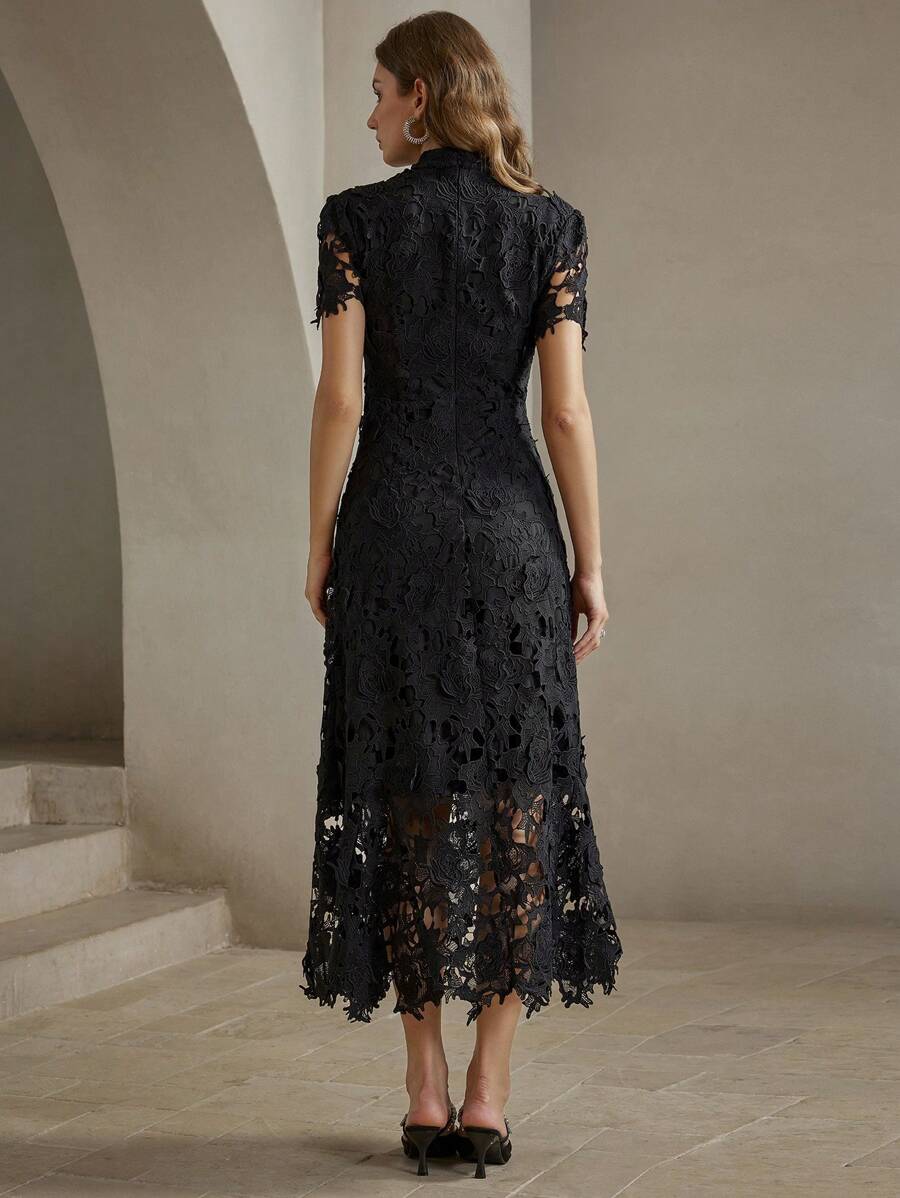 Anewsta Vestido Curto com Recorte em Renda de Manga Curta para Mulheres, Roupa Feminina Maxi