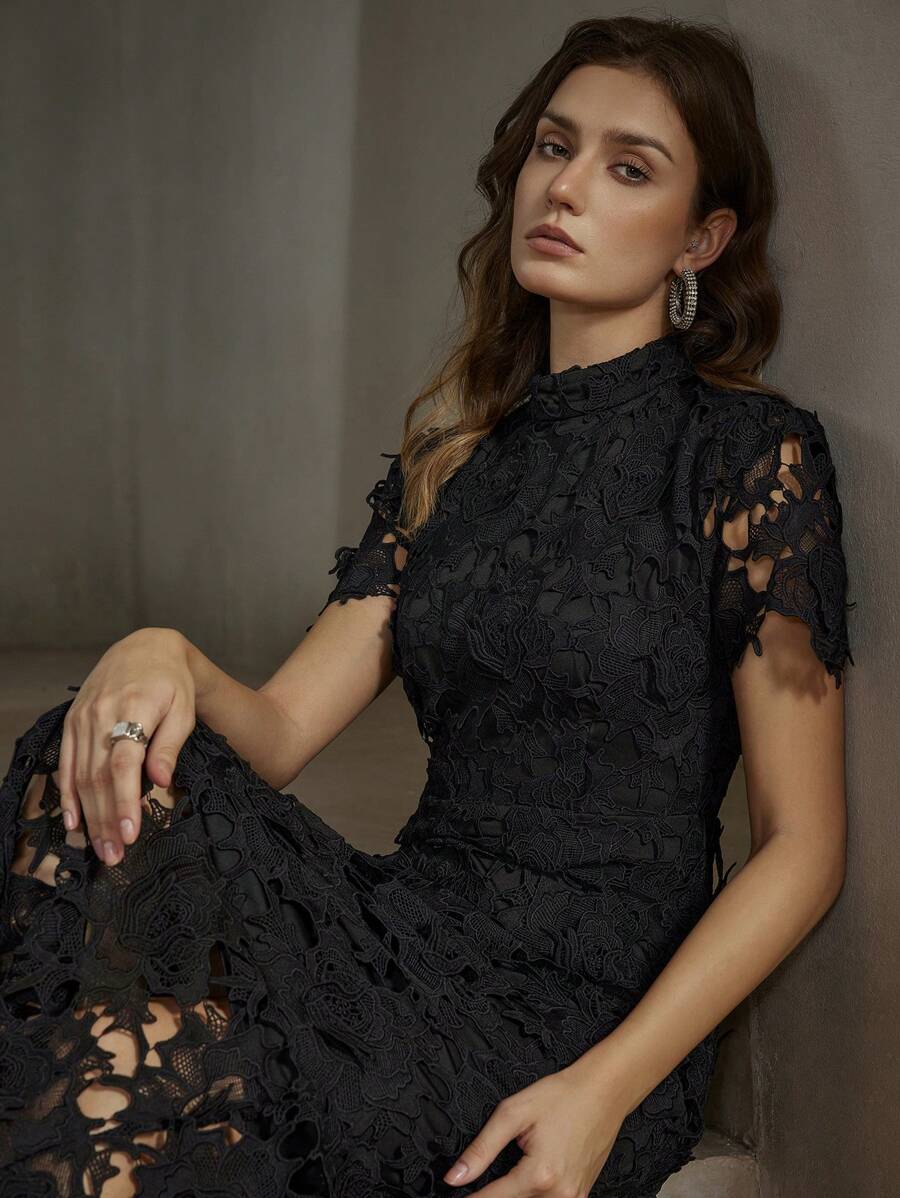 Anewsta Vestido Curto Elegante e Ajustado Feminino com Manga Curta, Cintura Marcada e Renda Solúvel em Água, Vestido Longo Feminino