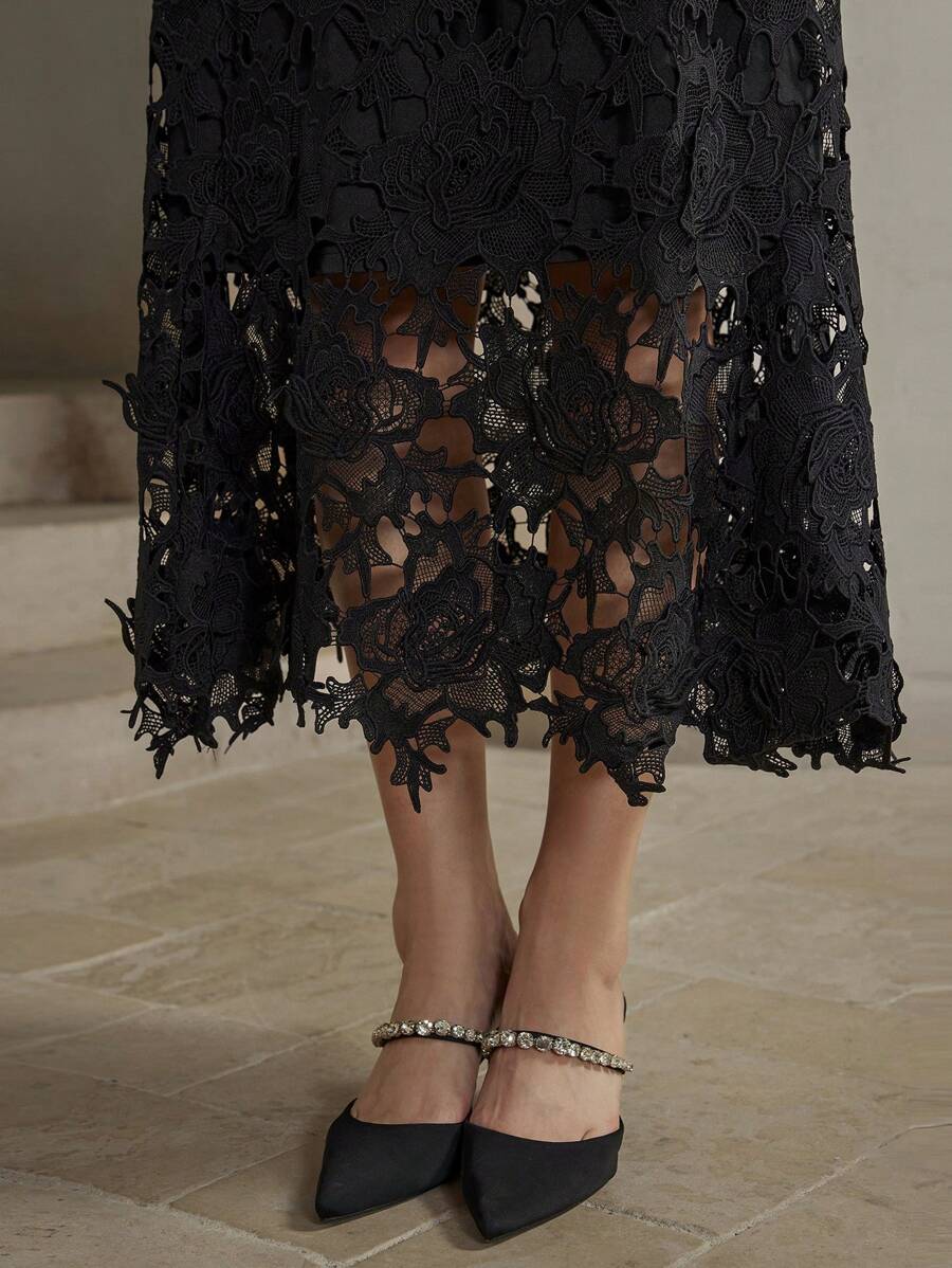 Anewsta Vestido Curto Elegante e Ajustado Feminino com Manga Curta, Cintura Marcada e Renda Solúvel em Água, Vestido Longo Feminino