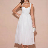 Enchnt Vestido Romântico de Princesa Branco sem Mangas e Decote Coração, Elegante para Mulheres, Roupa Doce e Elegante para Dia dos Namorados, Festa de Natal, Ano Novo, Aniversário, Feriados, Encontros Doces e Coquetel/Baile de Formatura