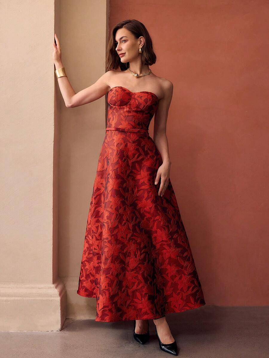 MOTF PREMIUM VESTIDO LONGO TOMARA QUE CAIA COM BAINHA GODÊ EM PADRÃO FLORAL BORDADO