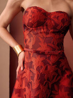 MOTF PREMIUM VESTIDO LONGO TOMARA QUE CAIA COM BAINHA GODÊ EM PADRÃO FLORAL BORDADO