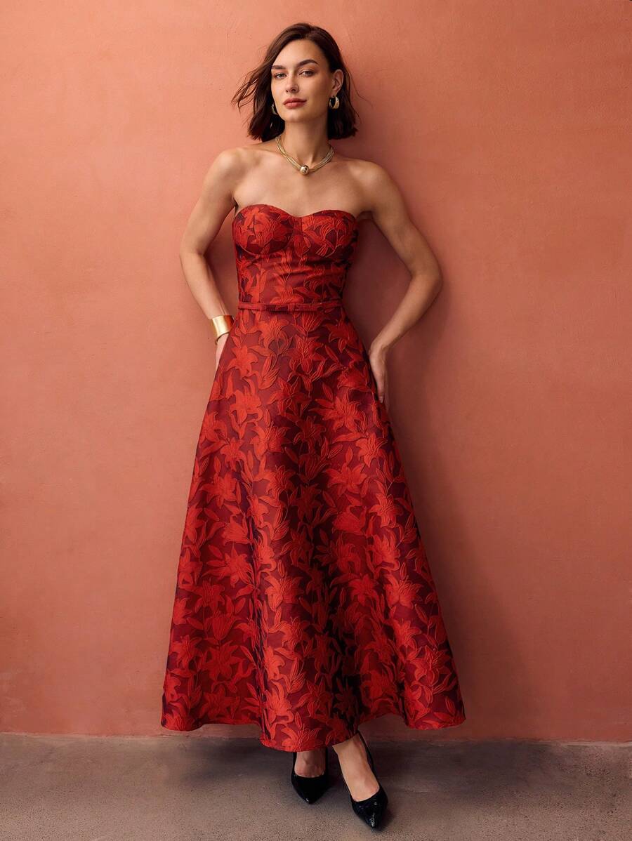 MOTF PREMIUM VESTIDO LONGO TOMARA QUE CAIA COM BAINHA GODÊ EM PADRÃO FLORAL BORDADO