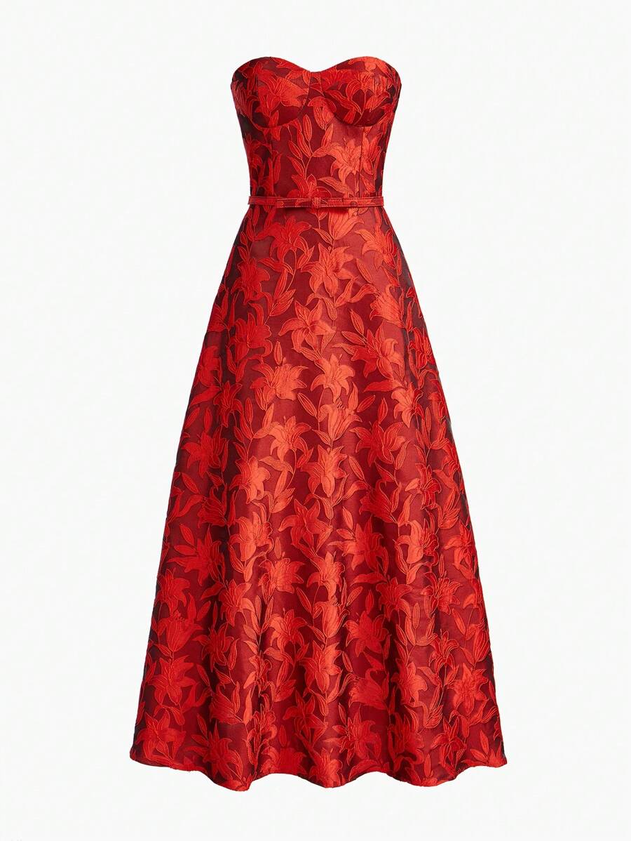 MOTF PREMIUM VESTIDO LONGO TOMARA QUE CAIA COM BAINHA GODÊ EM PADRÃO FLORAL BORDADO