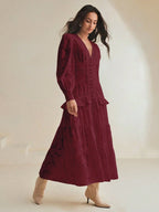 Anewsta Vestido Longo Elegante Feminino com Decote em V, Mangas Bufantes e Cintura Marcada