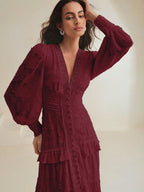 Vestido Longo Francês com Decote em V e Manga Bufante