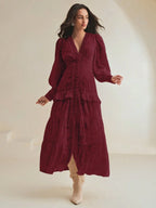 Anewsta Vestido Longo Elegante Feminino com Decote em V, Mangas Bufantes e Cintura Marcada