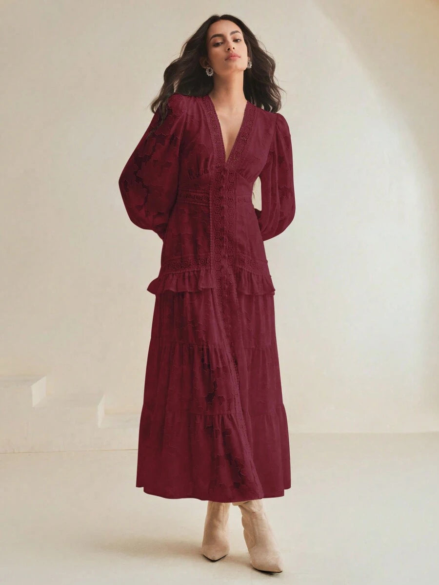 Anewsta Vestido Longo Elegante Feminino com Decote em V, Mangas Bufantes e Cintura Marcada