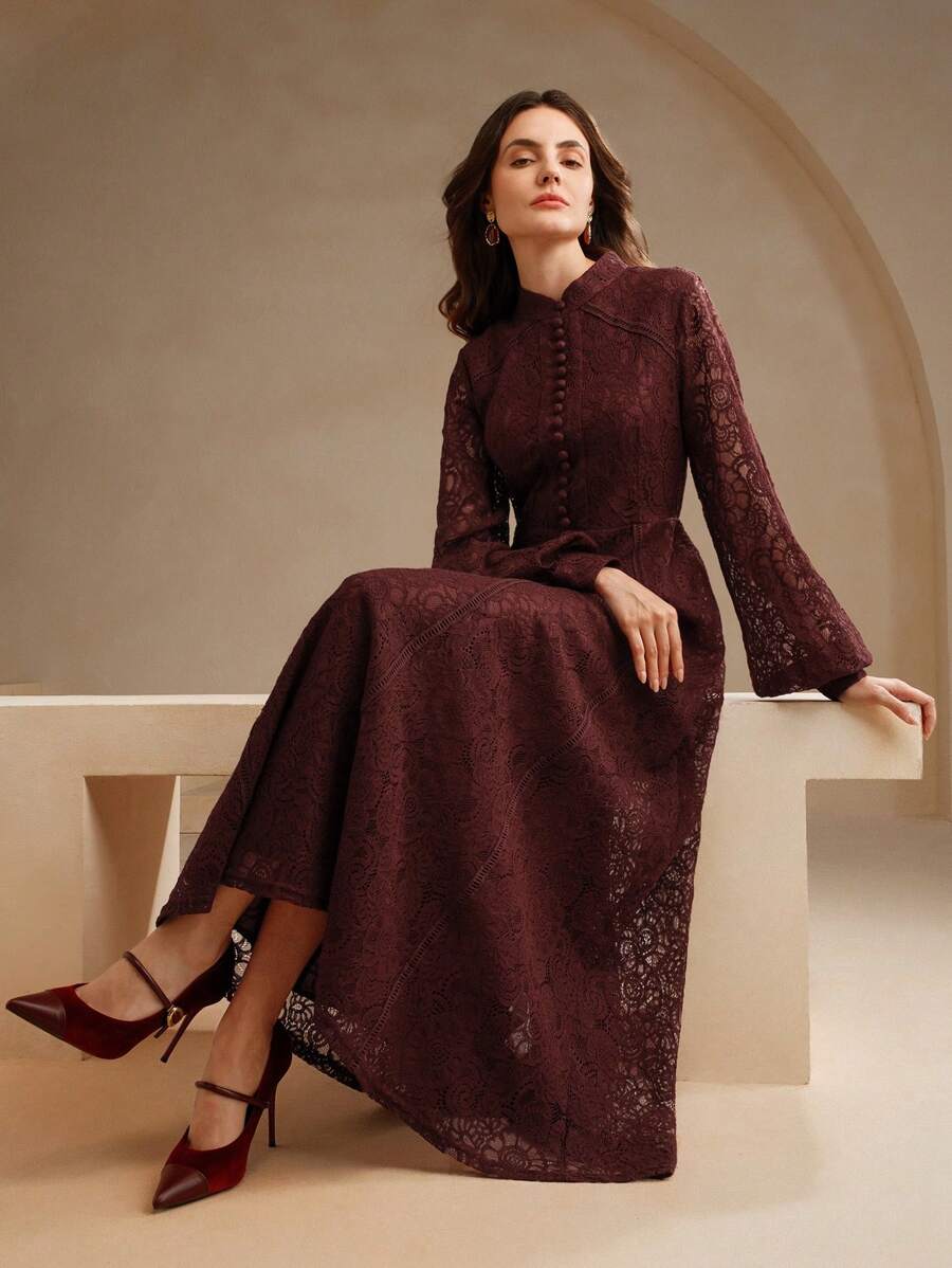 Anewsta Vestido Elegante de Manga Longa de Renda Bordô Máxi para Mulheres, Conjunto de Roupas Brancas de Primavera para Mulheres