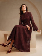 Anewsta Vestido Elegante de Manga Longa de Renda Bordô Máxi para Mulheres, Conjunto de Roupas Brancas de Primavera para Mulheres