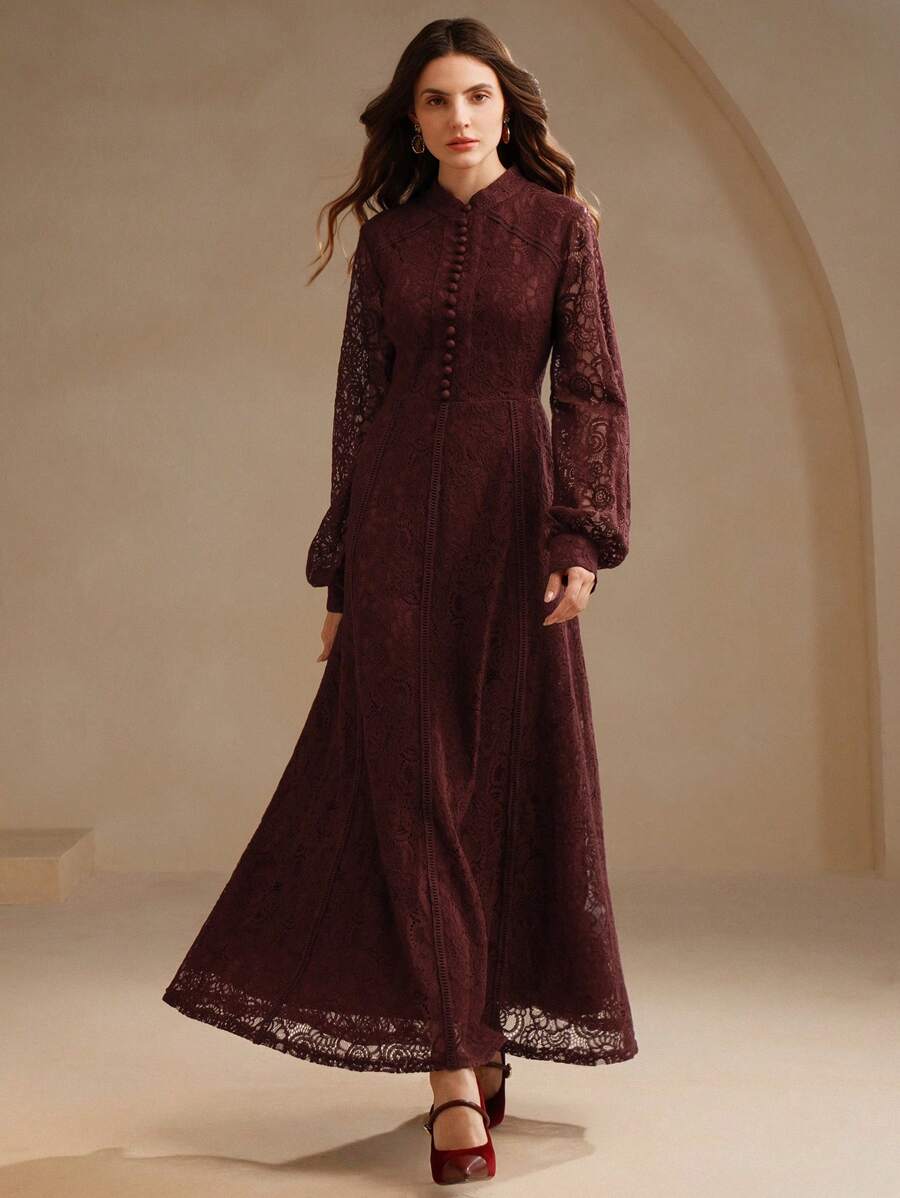 Anewsta Vestido Elegante de Manga Longa de Renda Bordô Máxi para Mulheres, Conjunto de Roupas Brancas de Primavera para Mulheres