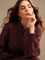 Anewsta Vestido Elegante de Manga Longa de Renda Bordô Máxi para Mulheres, Conjunto de Roupas Brancas de Primavera para Mulheres