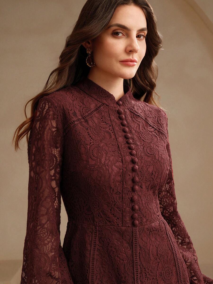 Anewsta Vestido Elegante de Manga Longa de Renda Bordô Máxi para Mulheres, Conjunto de Roupas Brancas de Primavera para Mulheres