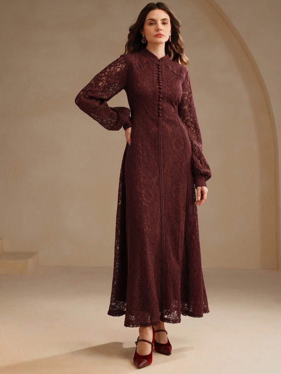 Anewsta Vestido Elegante de Manga Longa de Renda Bordô Máxi para Mulheres, Conjunto de Roupas Brancas de Primavera para Mulheres