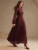 Anewsta Vestido Elegante de Manga Longa de Renda Bordô Máxi para Mulheres, Conjunto de Roupas Brancas de Primavera para Mulheres