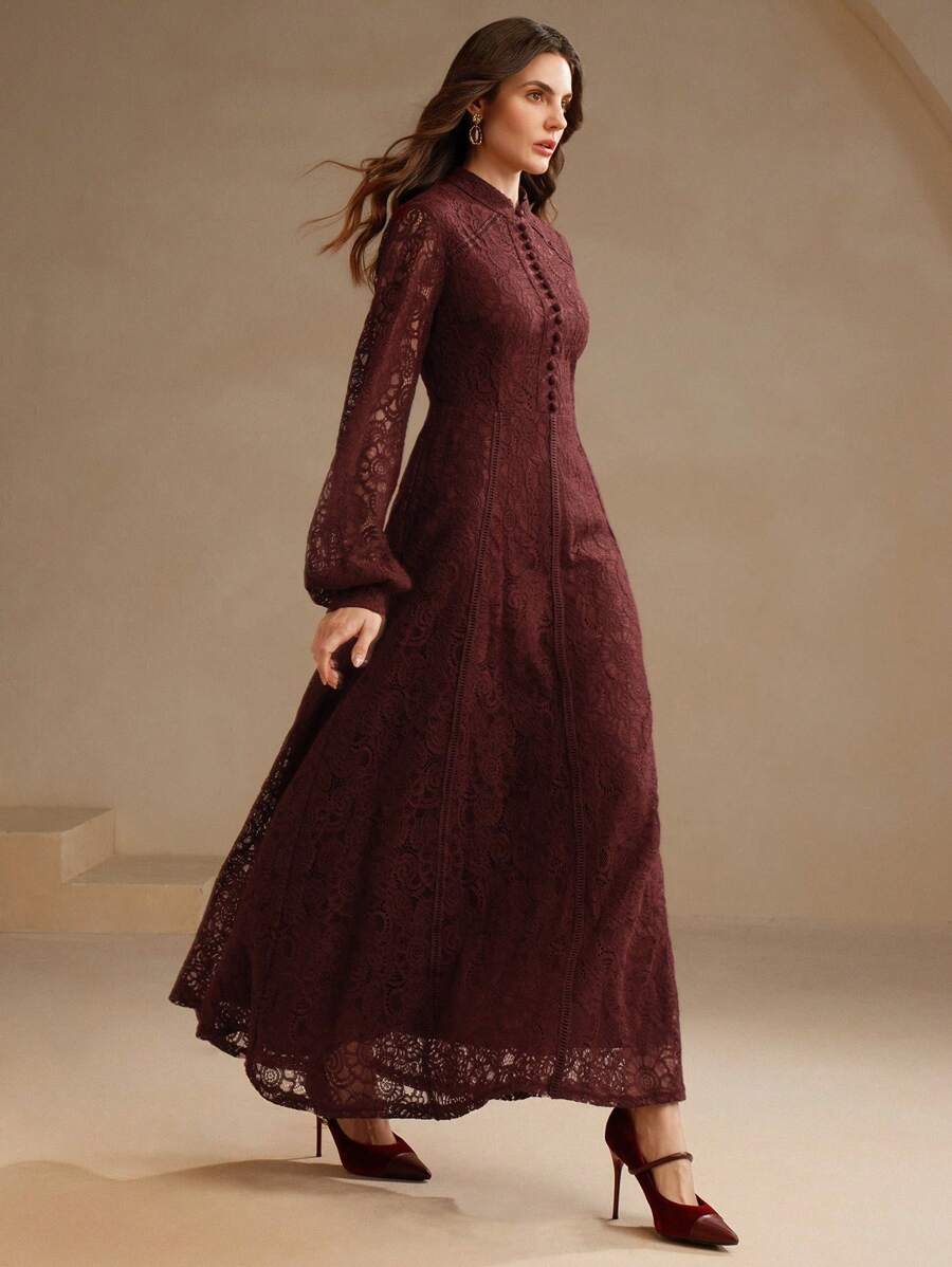 Anewsta Vestido Elegante de Manga Longa de Renda Bordô Máxi para Mulheres, Conjunto de Roupas Brancas de Primavera para Mulheres