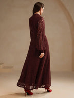 Anewsta Vestido Elegante de Manga Longa de Renda Bordô Máxi para Mulheres, Conjunto de Roupas Brancas de Primavera para Mulheres