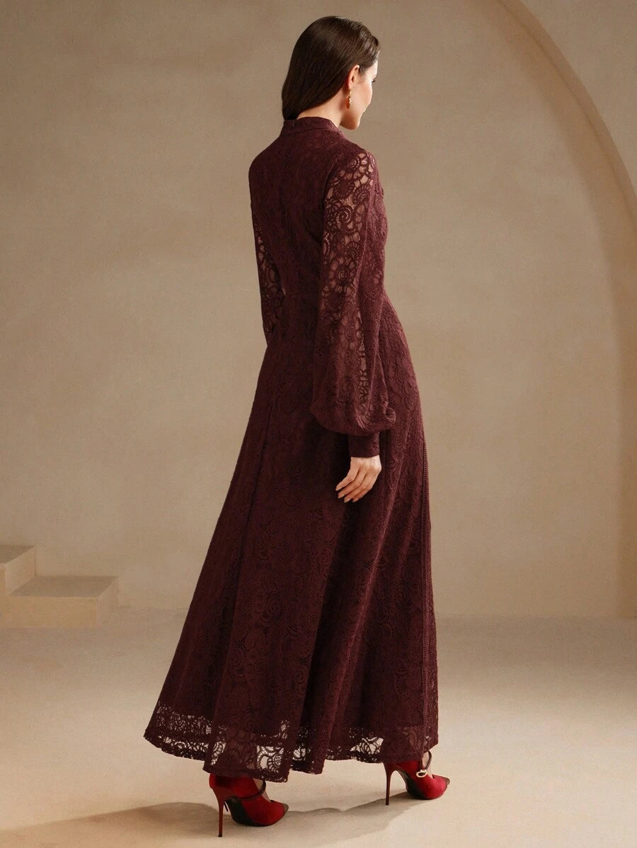 Anewsta Vestido Elegante de Manga Longa de Renda Bordô Máxi para Mulheres, Conjunto de Roupas Brancas de Primavera para Mulheres