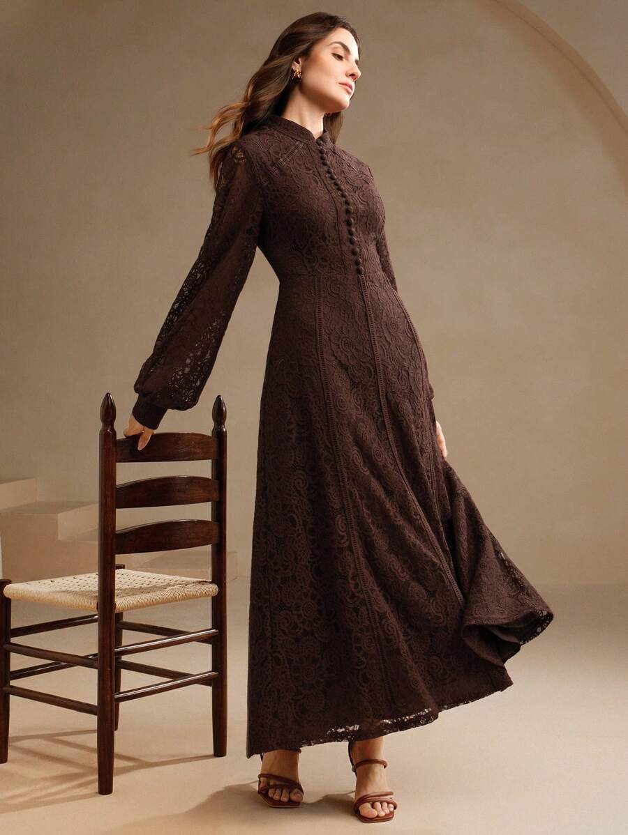 Anewsta Vestido Elegante de Manga Longa de Renda Bordô Máxi para Mulheres, Conjunto de Roupas Brancas de Primavera para Mulheres