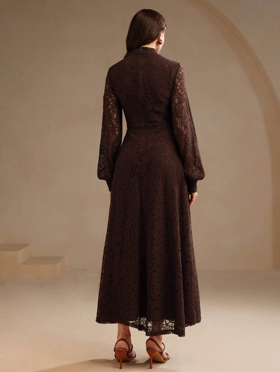 Anewsta Vestido Elegante de Manga Longa de Renda Bordô Máxi para Mulheres, Conjunto de Roupas Brancas de Primavera para Mulheres