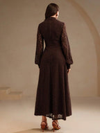 Anewsta Vestido Elegante de Manga Longa de Renda Bordô Máxi para Mulheres, Conjunto de Roupas Brancas de Primavera para Mulheres