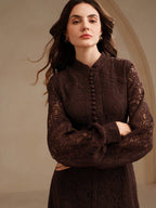 Anewsta Vestido Elegante de Manga Longa de Renda Bordô Máxi para Mulheres, Conjunto de Roupas Brancas de Primavera para Mulheres